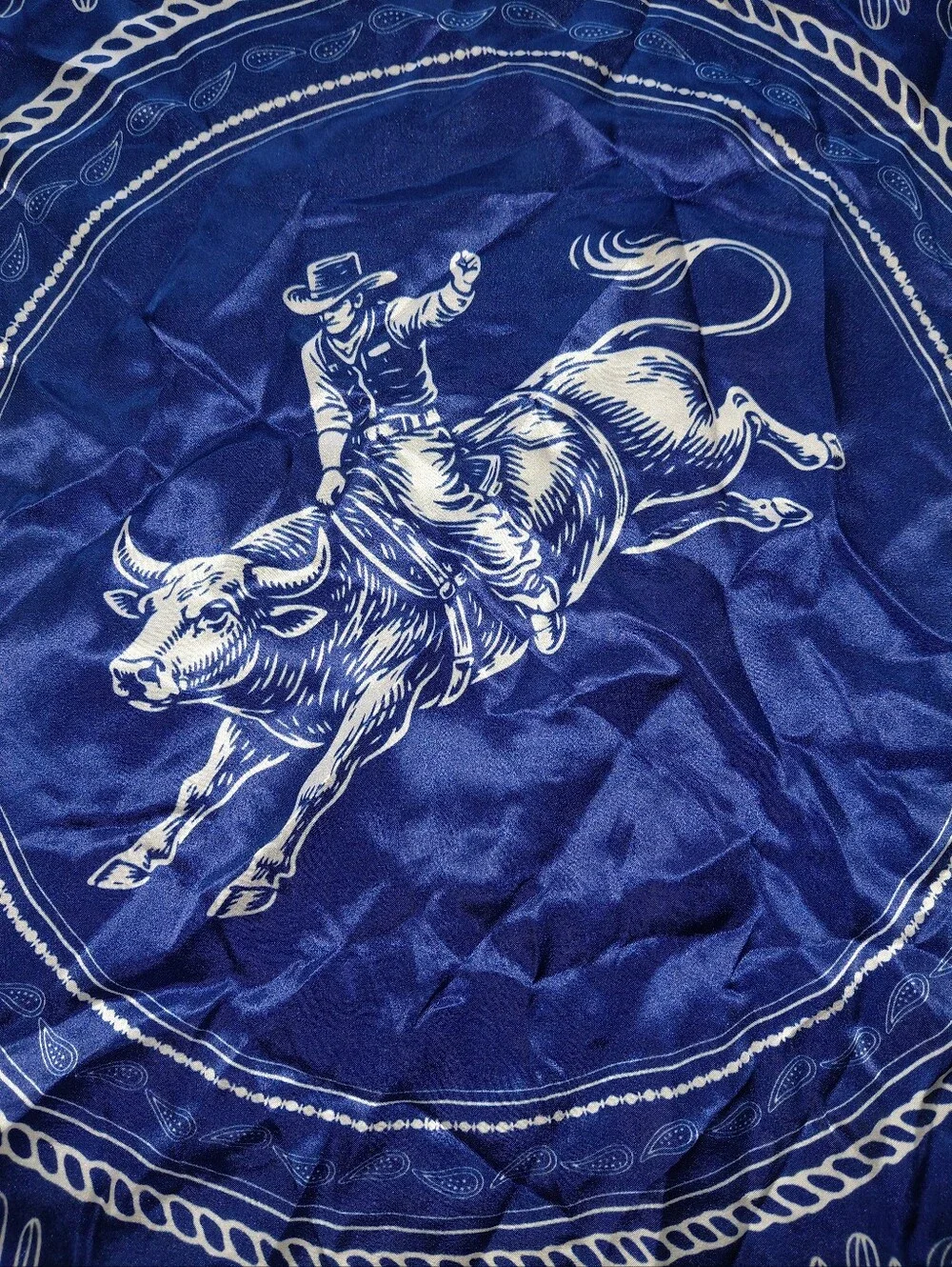 100% Silk Western Bucking Bull Bandana Scarf | Blue & White Wild Rag CC
